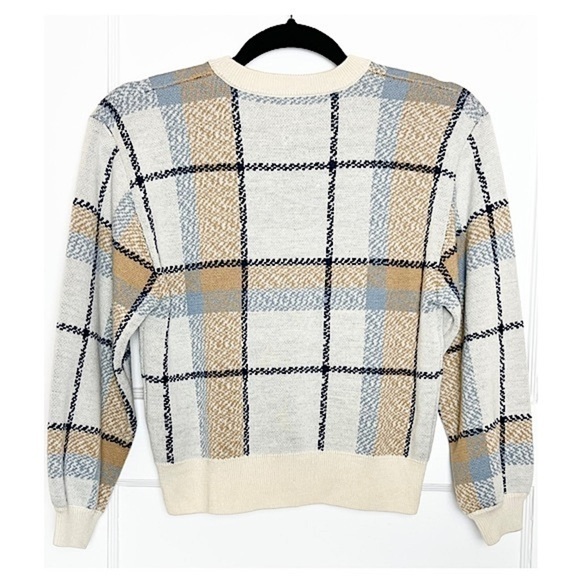 JOIE Wool Plaid Check Knit 3/4 Long Sleeve Crewneck Cropped Pullover Sweater XS - Picture 8 of 14